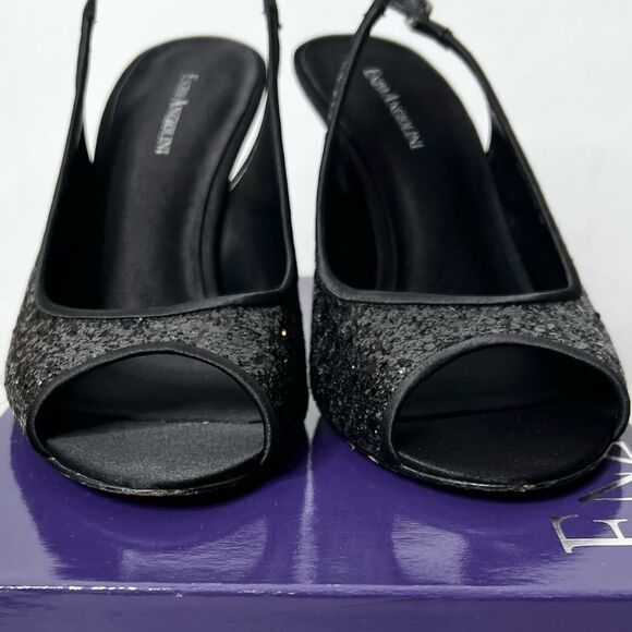 Enzo Angiolini Hitch X3 Black Sequin Shiny Satin Ankle Buckle Peep Toe Heels - Picture 6 of 16